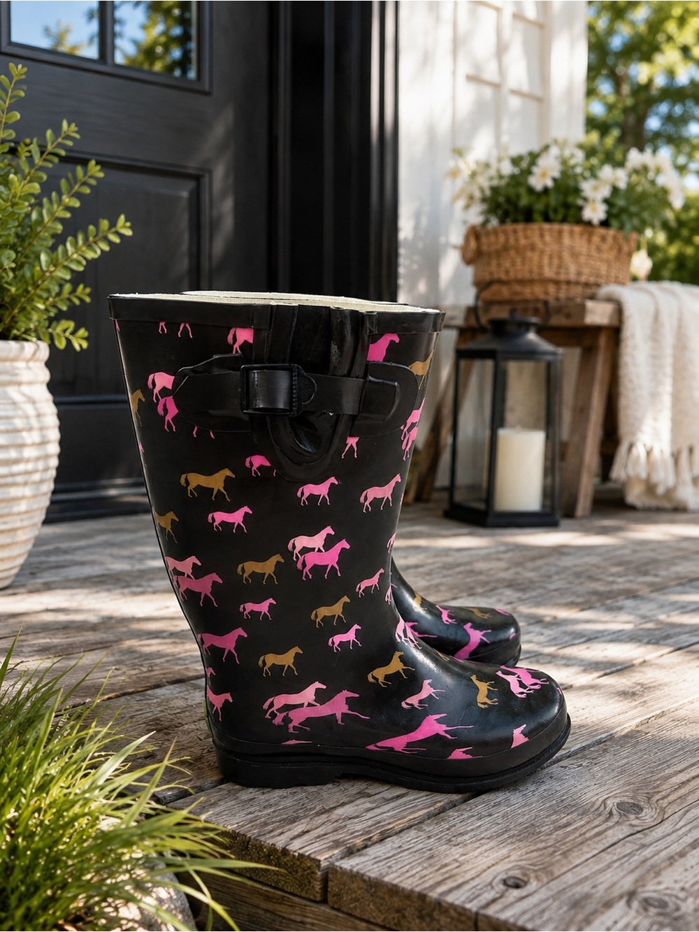 Black Horse Print Tall Rain Boots – Pink & Tan – Women’s Size 9 Western Chief
